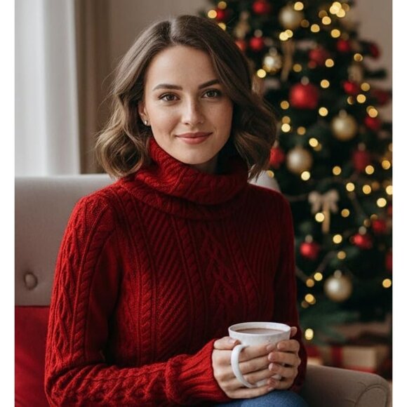 Women's Polo Neck Long Fitted Dress Bodycon Turtleneck Cable Knit Sweater Wine - Picture 2 of 6